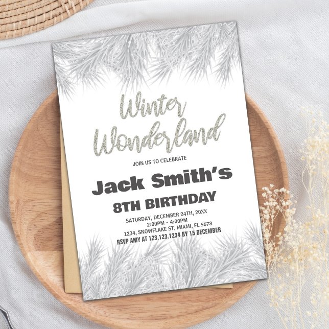 Convites Winter Wonderland Birthday Invoca Prata Pine (Winter Wonderland Birthday Invitations Silver Pine)