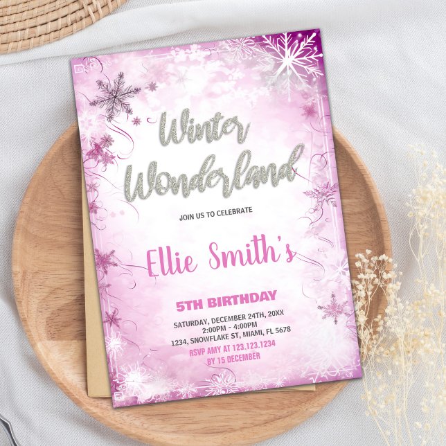 Convites Winter Wonderland Birthday Invoca Prata Rosa (Winter ONEderland Birthday Invitations Pink Silver)
