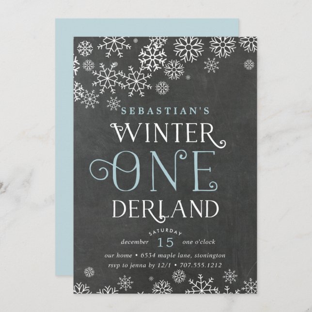 Convites Winter Wonderland Chalkboard First Birthday Invite (Frente/Verso)
