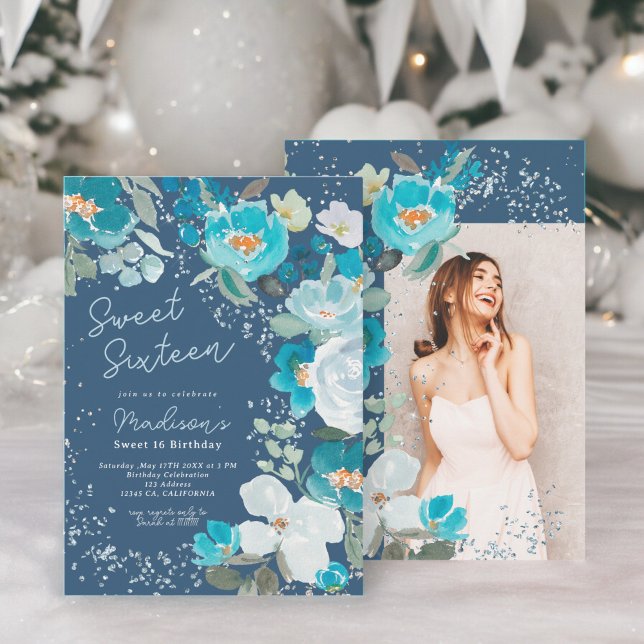 Convites Winter Wonderland Dark Blue Floral Sweet Sessenta (Winter Wonderland dark blue Floral Sweet Sixteen Invitation)