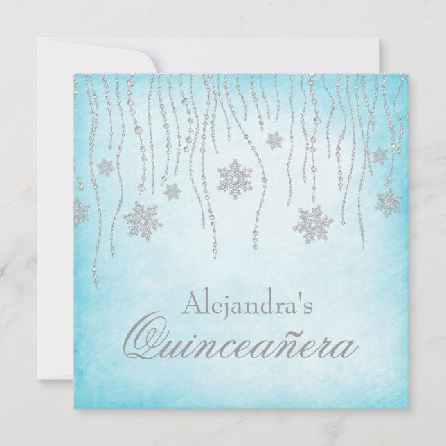 Convites Winter Wonderland Diamond Snowflakes Quinceanera (Frente)
