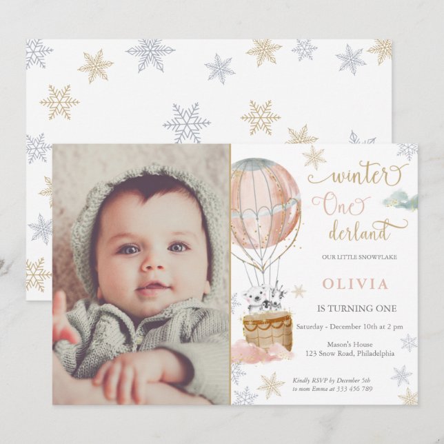 Convites Winter Wonderland Girl First Birthday Photo (Frente/Verso)