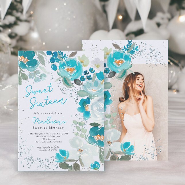 Convites Winter Wonderland Ice Blue Floral Sweet Sessenta (Winter Wonderland Ice blue Floral Sweet Sixteen Invitation)