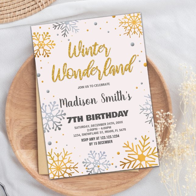 Convites Winter Wonderland Invances Snow Dourado Glitter (Winter Wonderland Invitations Snow Gold Glitter)