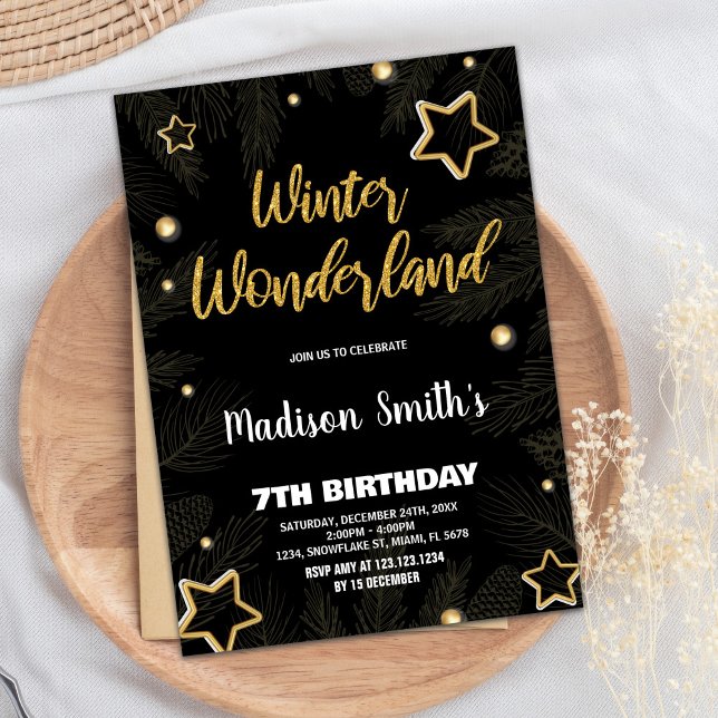 Convites Winter Wonderland Invances Star Dourado Black (Winter Wonderland Invitations Star Gold Black)