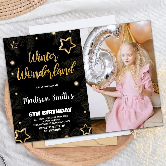 Convites Winter Wonderland Invoca Dourada Foto Preta (Winter Wonderland Invitations Gold Black Photo)