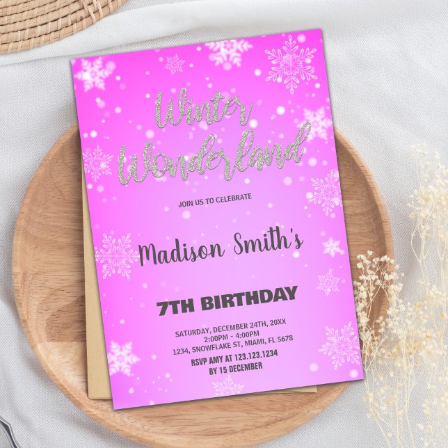 Convites Winter Wonderland Invoca Dourada Glitter Rosa (Winter Wonderland Invitations Gold Glitter Pink)