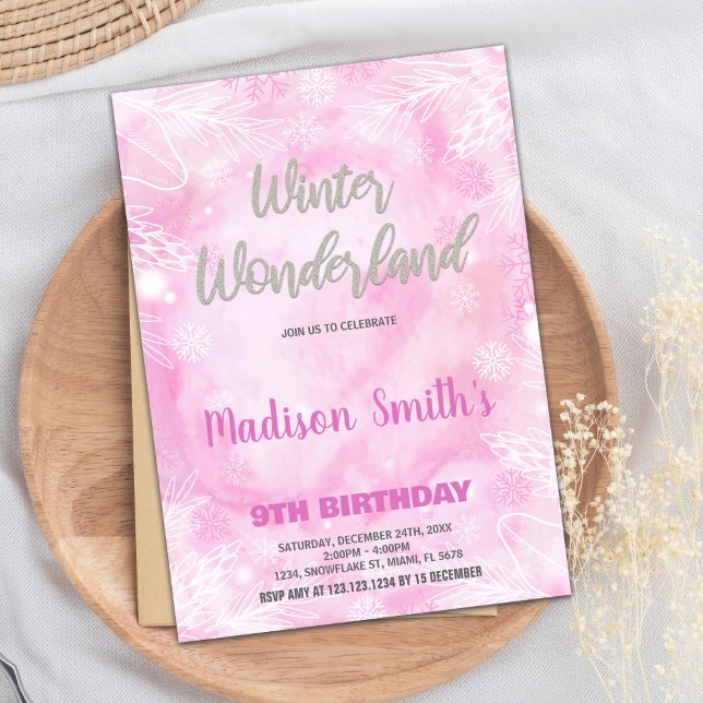 Convites Winter Wonderland Invoca Glitter de Prata Rosa (Winter Wonderland Invitations Pink Silver Glitter)