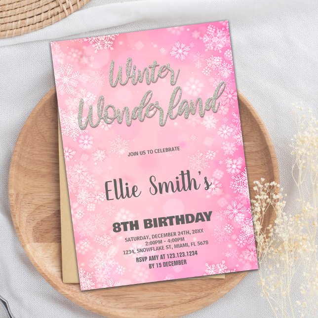 Convites Winter Wonderland Invoca Glitter de Prata Rosa (Winter Wonderland Invitations Pink Silver Glitter)