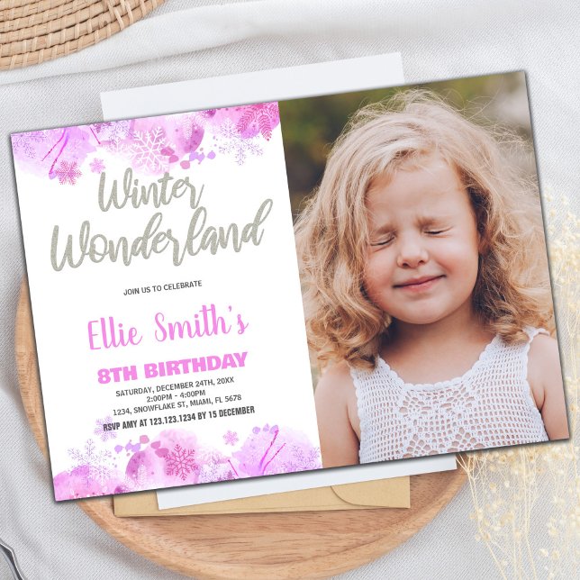 Convites Winter Wonderland Invoca neve rosa com foto (Winter Wonderland Invitations Pink Snow with photo)