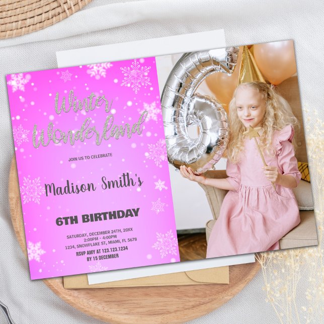 Convites Winter Wonderland Invtions Pink Glitter Photo (Winter Wonderland Invitations Pink Glitter Photo)