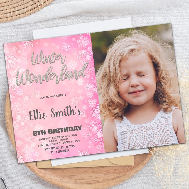 Convites Winter Wonderland Invtions Pink Silver Photo (Winter Wonderland Invitations Pink Silver Photo)