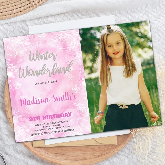 Convites Winter Wonderland Invtions Pink Silver Photo (Winter Wonderland Invitations Pink Silver Photo)