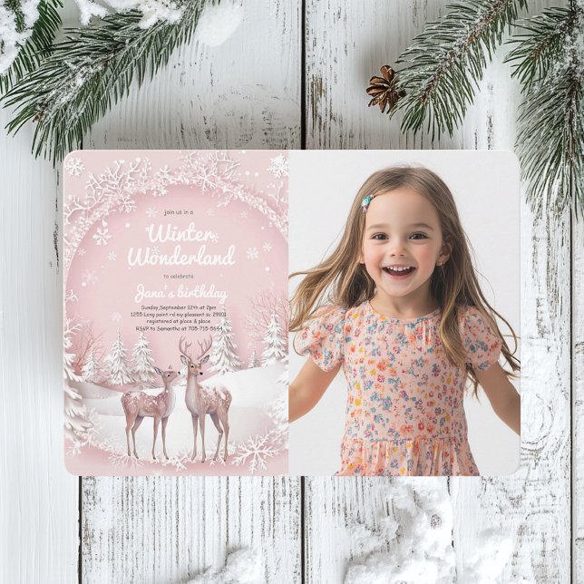 Convites Winter Wonderland Pink and Deer Photo Birthday (Criador carregado)