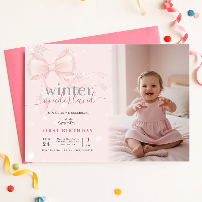 Convites Winter Wonderland Pink Bow Photo First Birthday (Criador carregado)