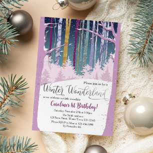 Convites Winter Wonderland Snow Forest Purple Silver Foto
