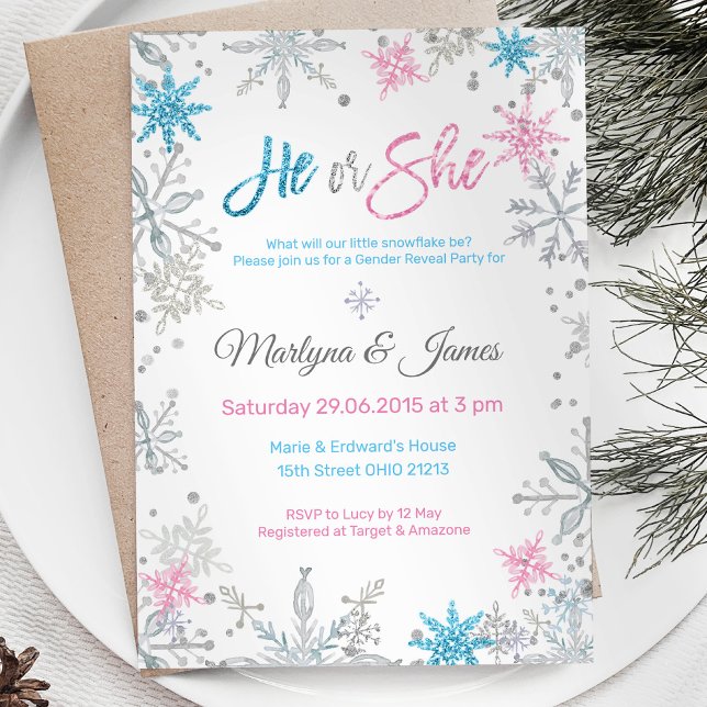 Convites Winter Wonderland Snowflake Gender Reveite Invite (Criador carregado)