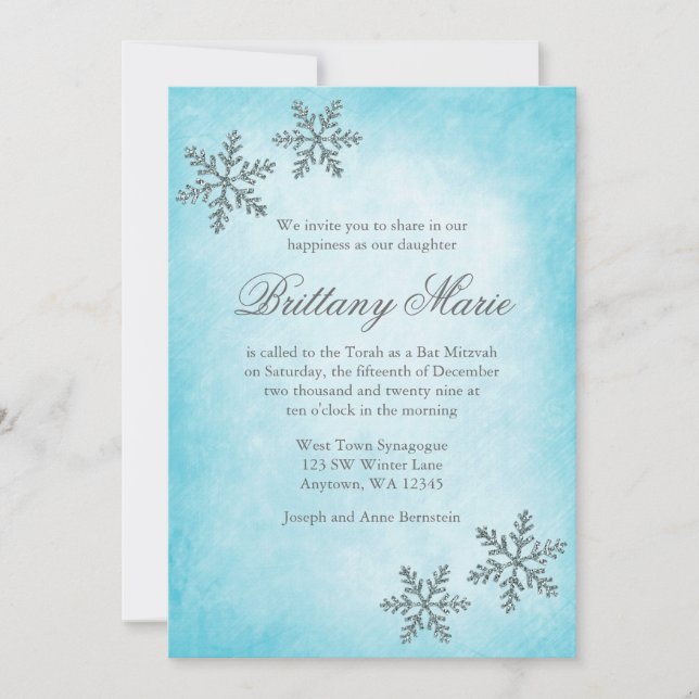 Convites Winter Wonderland Snowflakes Teal Bat Mitzvah (Frente)