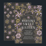 Convites Winter Wonderland Sweet Six Festa de aniversário<br><div class="desc">O moderno inverno,  doce,  dezesseis convites,  com flocos de ouro e neve cor-de-rosa,  sobre um fundo negro de tendências.</div>