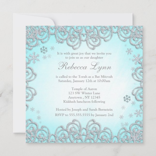 Convites Winter Wonderland Swirl Snowflakes Bat Mitzvah (Frente)