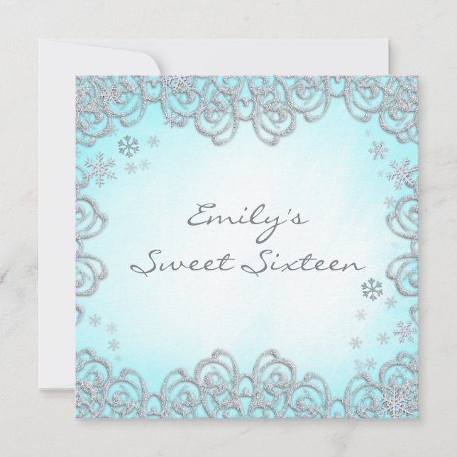 Convites Winter Wonderland Swirl Snowflakes Sweet 16 (Frente)