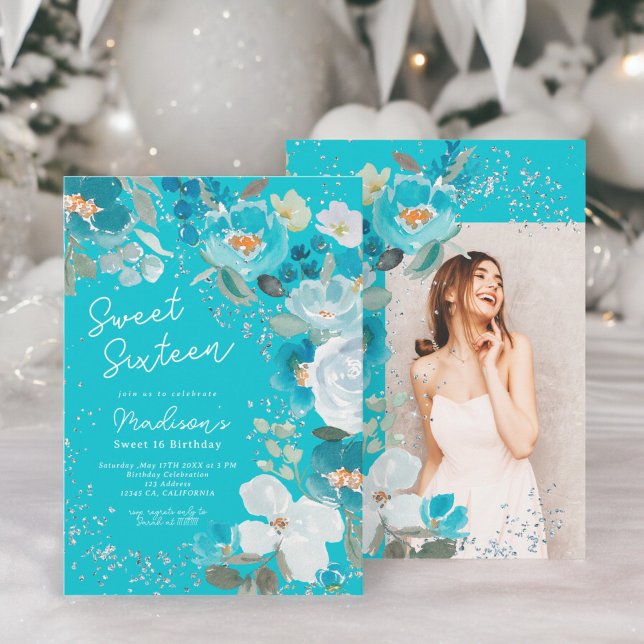Convites Winter Wonderland Tea Blue Floral Sweet Sessenta (Winter Wonderland teal blue Floral Sweet Sixteen Invitation)