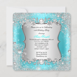 Convites Winter Wonderland Teal Silver Snowflake Aniversári