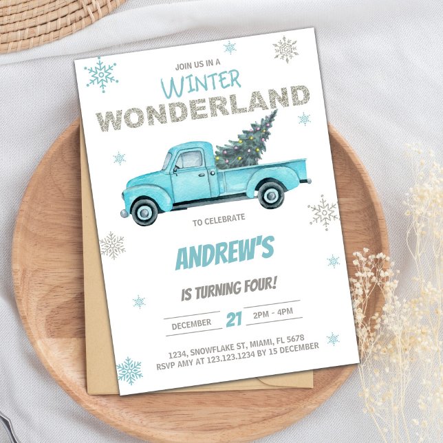 Convites Winter Wonderland Truck Birthday Invances (Winter Wonderland Truck Birthday Invitations)