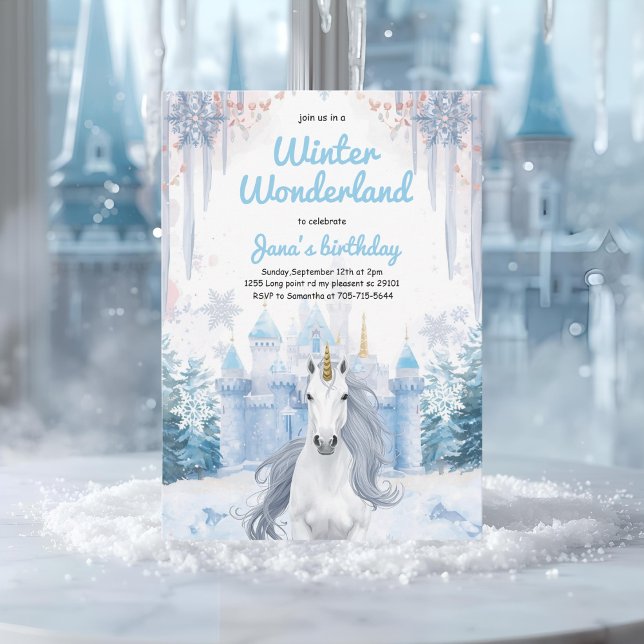 Convites Winter Wonderland Unicorn Birthday  (Criador carregado)