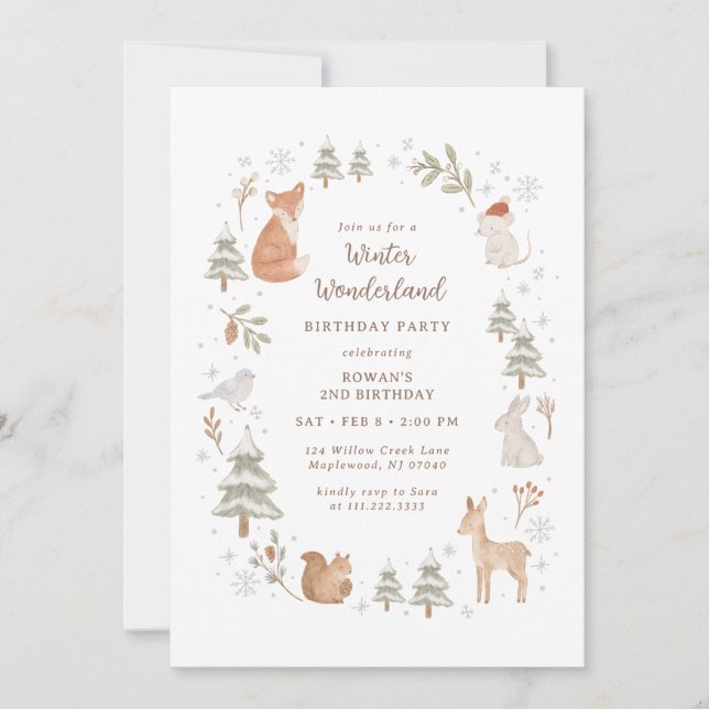 Convites Winter Woodland Animals Wonderland Birthday (Frente)
