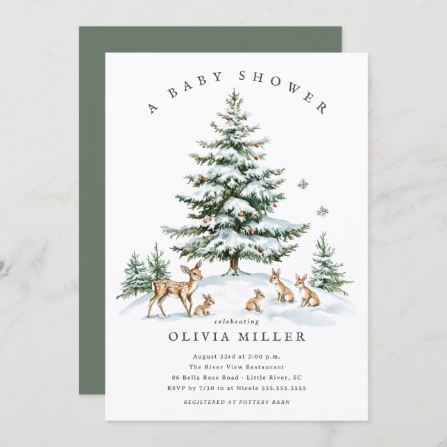 Convites Winter Woodland Deer Baby Shower (Frente/Verso)