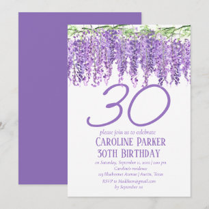 Convites Wisteria aniversário de 30 anos Purple Floral Viol
