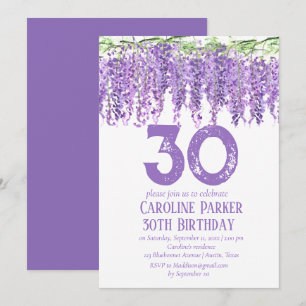 Convites Wisteria aniversário de 30 anos Purple Floral Viol