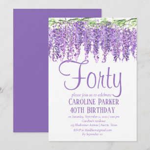 Convites Wisteria aniversário de 40 anos Purple Floral Viol