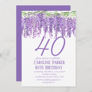 Convites Wisteria aniversário de 40 anos Purple Floral Viol
