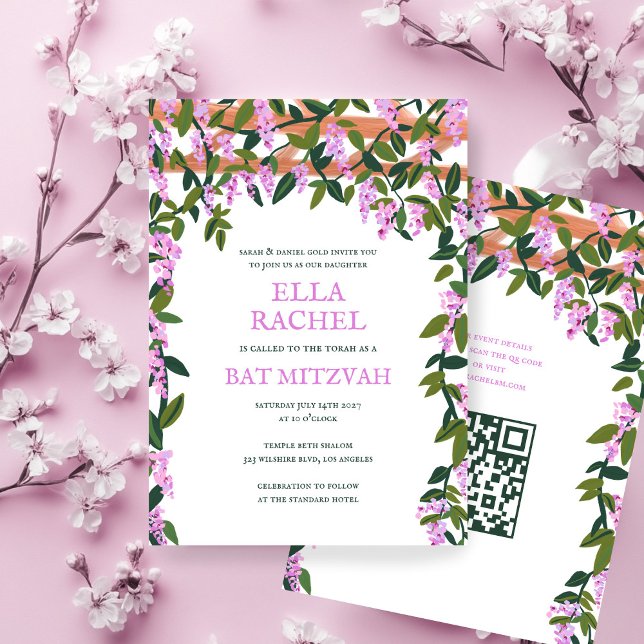 Convites Wisteria Custom B'nai Bat Bar Mitzvah QR Code Girl (Wisteria Custom B'nai Bat Bar Mitzvah QR Code Invitation Girl Modern 
)
