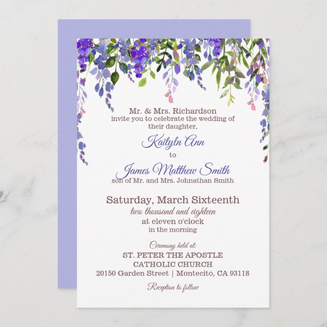 Convites Wisteria Floral Modern Wedding (Frente/Verso)
