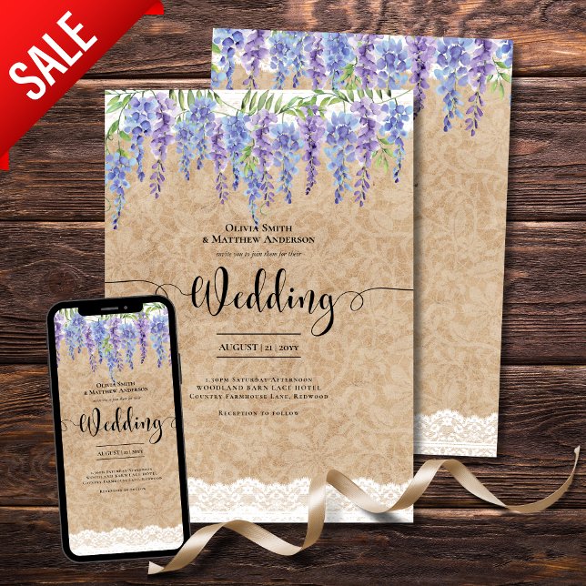 Convites Wisteria Floral Weding Rustic Kraft Lace (Criador carregado)