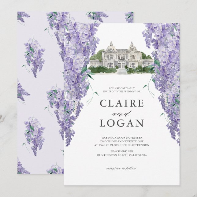 Convites Wisteria Mansion Dusty Purple Watercolor Casamento (Frente/Verso)