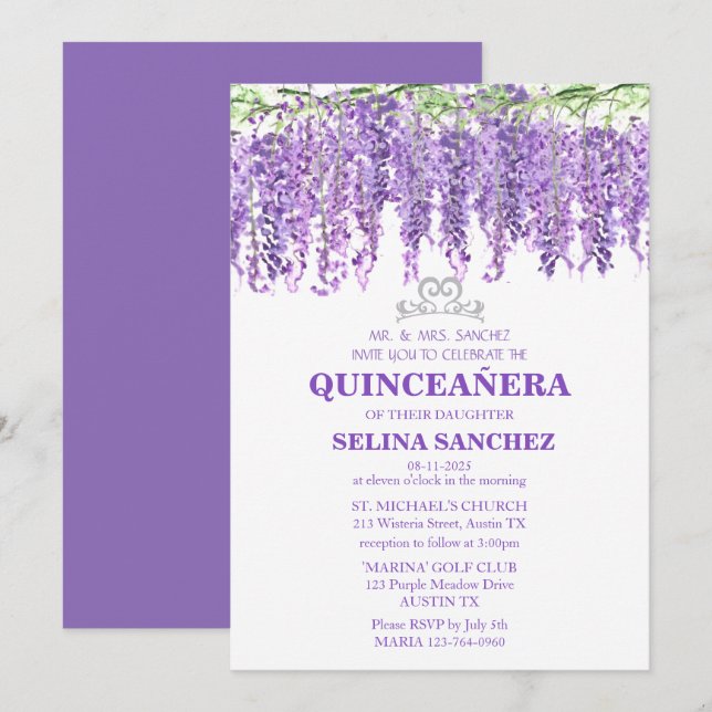 Convites Wisteria Quinceanera Purple Floral 15 Birthday (Frente/Verso)