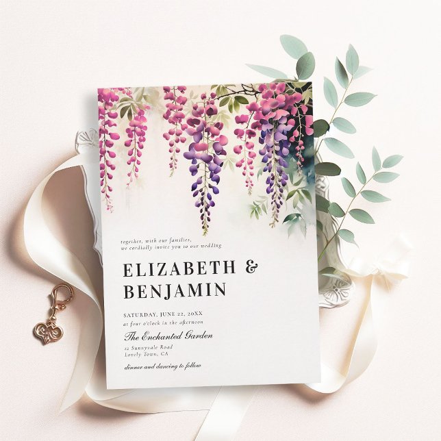 Convites Wisteria Romantic Garden Party Pink Purple Weding (wisteria garden party wedding invitation romantic elegant modern formal watercolor floral pink boho)