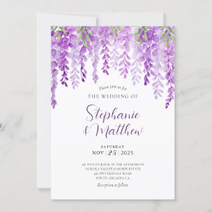 Convites Wisteria Watercolor Casamento Botânico Púrpura