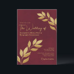 Convites Wistful Leaves Elegant Burgundy & Gold Wedding<br><div class="desc">These elegant wedding invitations feature a rustic yet modern design with sprigs of hand painted gold watercolor leaves entering from both sides of the card on a marbled burgundy background. The typography is unique and elegant with both left and right justified text. Simple and stylish, these invites are a wonderful...</div>