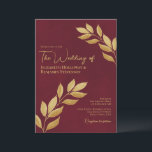 Convites Wistful Leaves Elegant Burgundy & Gold Wedding<br><div class="desc">These elegant wedding invitations feature a rustic yet modern design with sprigs of hand painted gold watercolor leaves entering from both sides of the card on a marbled burgundy background. The typography is unique and elegant with both left and right justified text. Simple and stylish, these invites are a wonderful...</div>