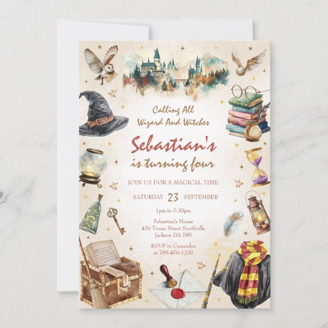 Convites Wizard Witches Magical School Wizardry Birthday (Frente)