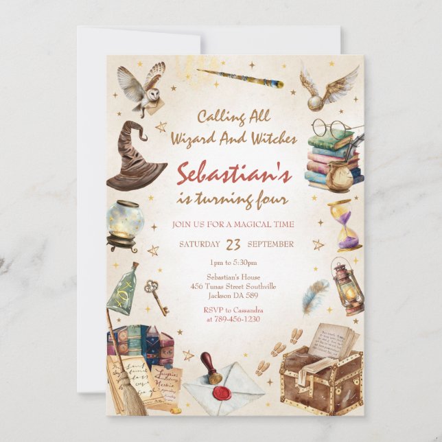 Convites Wizard Witches Magical School Wizardry Birthday (Frente)