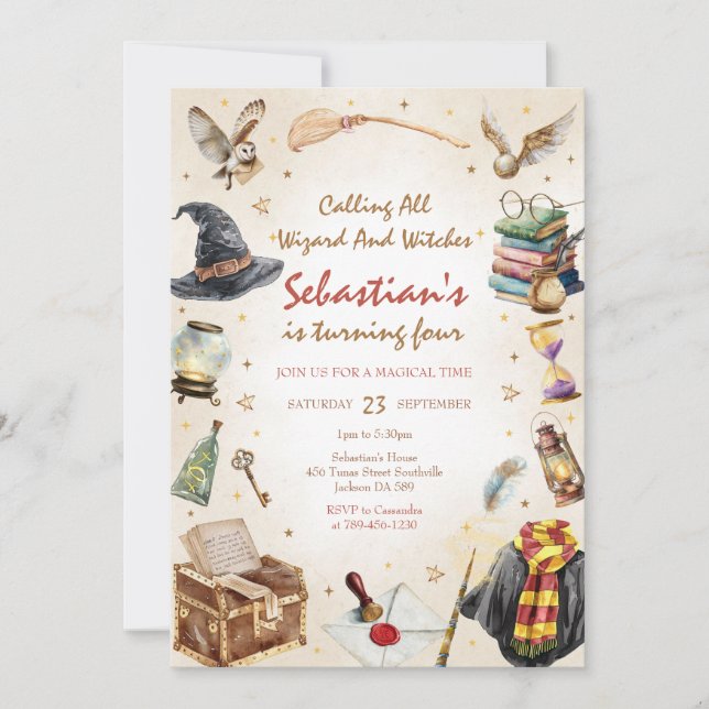 Convites Wizard Witches Magical School Wizardry Birthday (Frente)