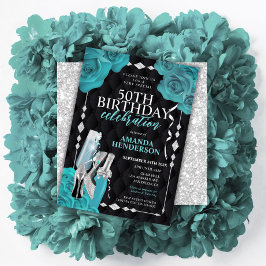 Convites Womens Teal e Silver Birthday