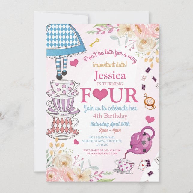 Convites Wonderland Birthday 4ª Festa de Chá Quatro Meninas (Frente)