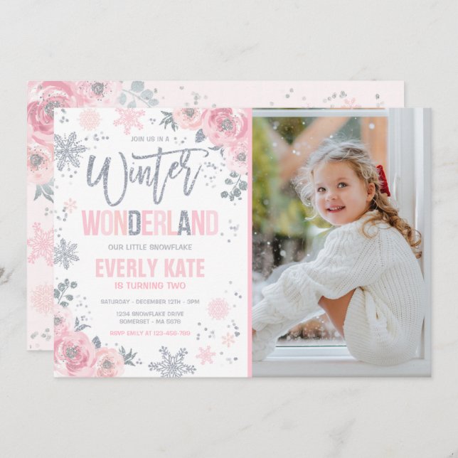 Convites Wonderland Birthday Silver Pink Snowflake (Frente/Verso)